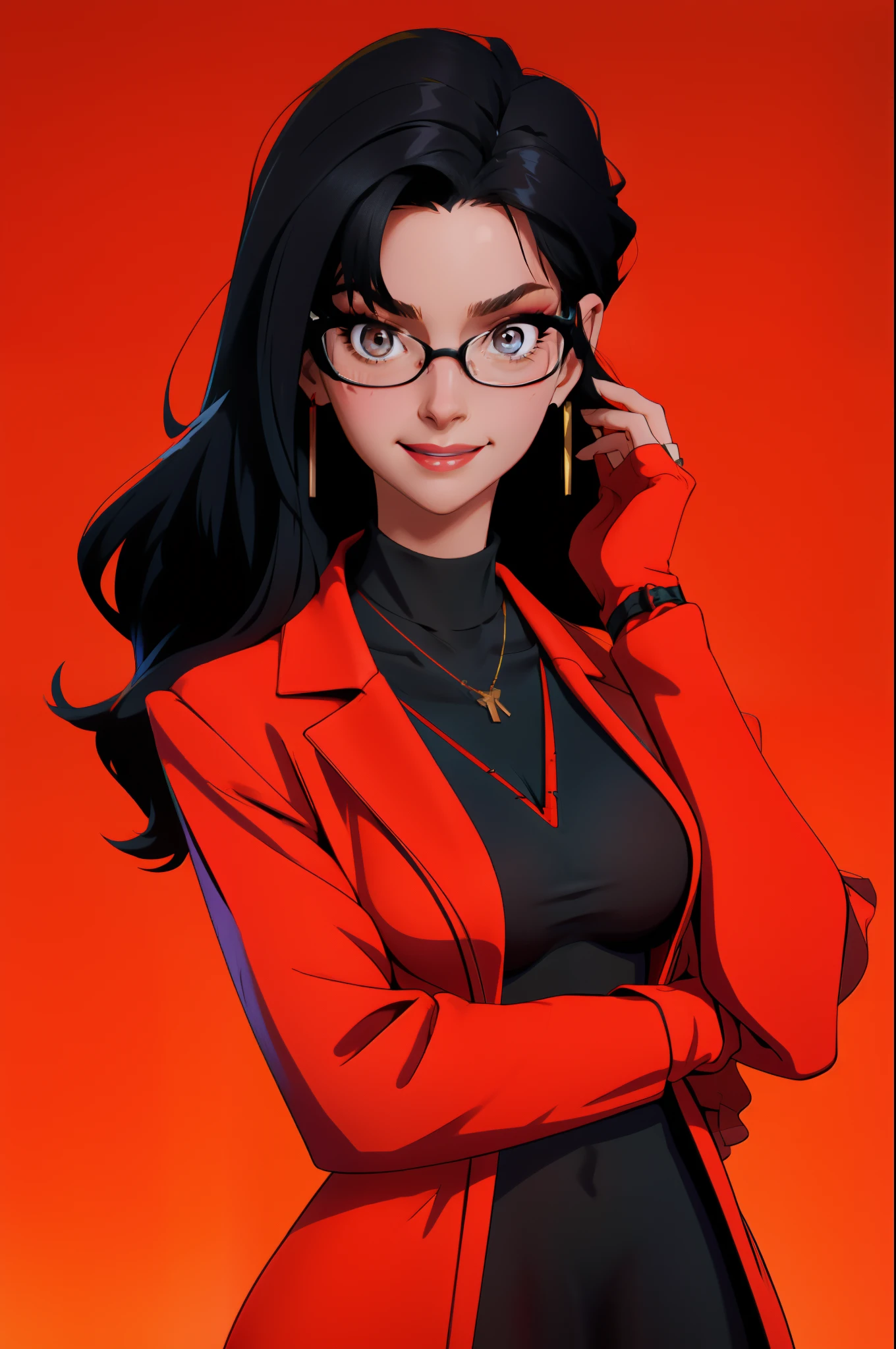 masterpiece, best quality, black hair, glasses, necklace, earrings, red sweater, turtleneck, labcoat, black miniskirt, large breasts, upper body, looking at viewer, doctor's office, smile, mischievous,