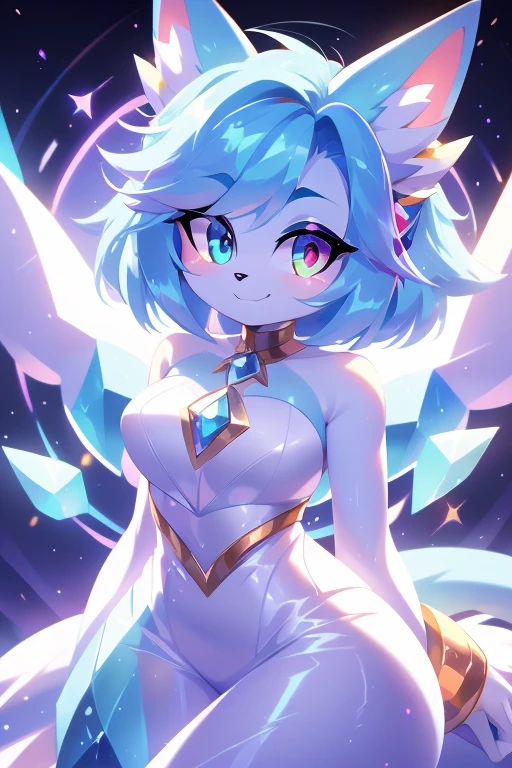 ((best qualityer)), ((Masterpiece artwork)), (detailded), complete body, facing at viewer, face perfect, cabelo roxo, Star Guardian, short cyan hair, heterochromia, eyeballs roxos e cianos, eyeballs roxos brilhantes, long eyelashes, cyan blue fur, cyan blue cat ears, ssmile doce,  magic. purple and cyan hair, long eyelashes, solid circle eyeballs, fake cat ears, light ssmile, ear flush, Gradient hair, heterochromia, Gradient_eyeballs, eyeballs arregalados, students shining, purple eyeballs, cyan eyeballs, ssmile, looking straight ahead, wide plan, 8k, super detaill, precise, best qualityer, work of art, anatomically correcte, High details, high resolution
