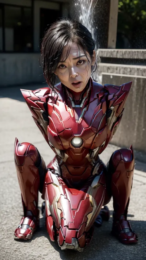 highest quality　8k red armor　iron man suit　middle-aged women　　sweaty face　　short hair　　steam coming from the head　my hair is wet...