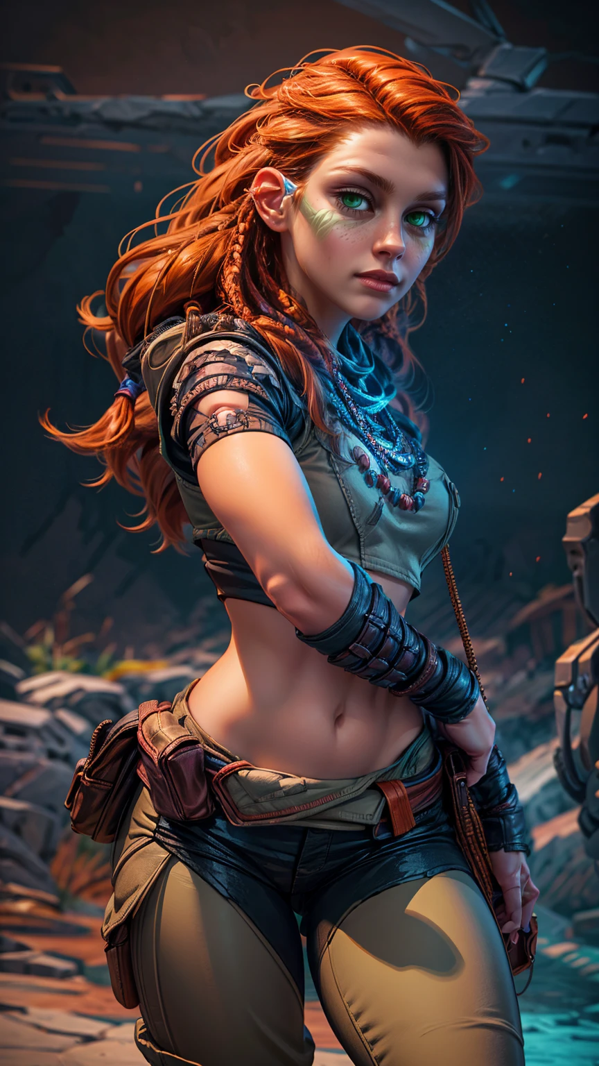 beautiful detailed eyes, beautiful detailed lips, extremely detailed eyes and face, long eyelashes, 1girl, cosplay, Kim Possible cosplays as Aloy from Horizon games, intricate detailed costume, high quality 3D render, cinematic lighting, photorealistic, hyper detailed, vibrant colors, warm lighting, dramatic pose, dynamic action, epic fantasy, (wide angle:1.32), (full length portrait:1.27), human anatomy, human proportions 