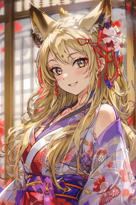 a beautiful woman with long blonde hair wearing a kimono in a japanese-style room, smiling and having big breasts and cleavage, ...