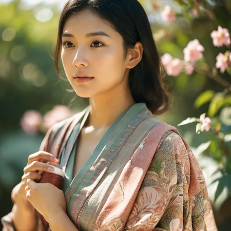 a hyper-realistic image of a single japanese woman in her early 20s, captured from the shoulders up with the nostalgic warmth an...