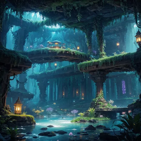 create an image of an underground realm filled with harmonious bioluminescent flora and fauna, forming a serene underground utop...