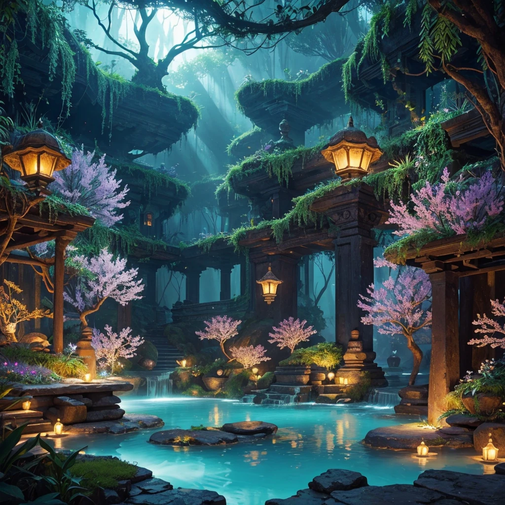 Create an image of an underground realm filled with harmonious bioluminescent flora and fauna, forming a serene underground utopia. The scene should be inspired by the Majapahit Empire, blending elements of its legend, mythology, and historical sagas. The environment should be lush with glowing plants and mystical creatures, casting a soft, enchanting light across the underground landscape. The architecture and design should incorporate Majapahit motifs, such as ornate carvings, ancient stone structures, and intricate patterns, seamlessly integrated into the natural surroundings. The overall image should be a masterpiece, with photorealistic detail, vibrant colors, and a sense of otherworldly peace and harmony, capturing the mystical and legendary atmosphere of this hidden realm.