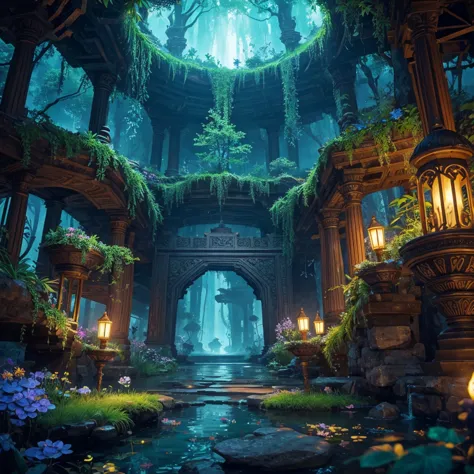 create an image of an underground realm filled with harmonious bioluminescent flora and fauna, forming a serene underground utop...