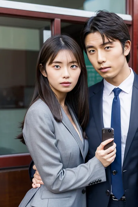 as kikuchiが、she is taking a photo with a handsome man in a suit with long hair., office,