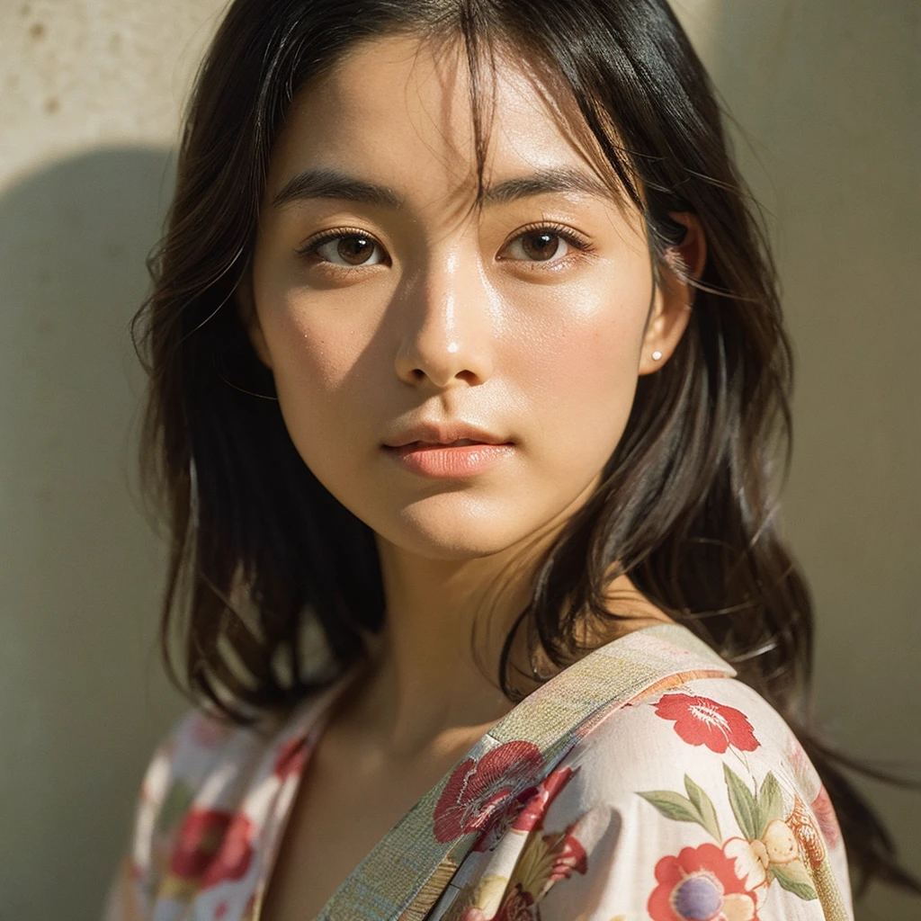 A hyper-realistic image of a single Japanese woman in her early 20s, captured from the shoulders up with the nostalgic warmth and subtle graininess of a film camera. She is wearing a traditional yukata with a vibrant, cute design featuring bold and colorful floral patterns such as cherry blossoms and peonies in shades of pink, red, and lavender, set against a soft pastel background. The obi is elegantly tied with a complementary color, adding a playful touch. The fabric of the yukata appears naturally lightweight, with visible folds and textures that enhance its realism, draping gracefully over her shoulders. Her skin, seen clearly from the shoulders up, has a warm beige tone with a highly realistic, slightly rough texture, showcasing visible pores, fine lines, and minor blemishes, along with subtle unevenness, such as delicate dryness around the cheeks and small natural shadows under the eyes. The lighting is soft and subdued, replicating the gentle, diffused natural light of an overcast day or early evening, creating realistic shadows across her face. These shadows subtly contour her cheekbones, nose, and jawline, adding depth and dimension to her facial features, enhancing the lifelike quality of her skin texture. Her straight, glossy black hair frames her face naturally, slightly tousled, adding to the authenticity of her look. Her deep brown eyes reflect the ambient light, providing depth and a natural, lifelike shine. The film camera effect introduces a noticeable grain and a soft focus, giving the image a warm, nostalgic atmosphere while maintaining the raw, lifelike quality of her skin. The composition is centered solely on her, capturing her serene and understated elegance, focusing closely on the detailed textures of the yukata and the authentic, natural skin texture, with dynamic lighting and shadow play that mimics a real-life photograph.