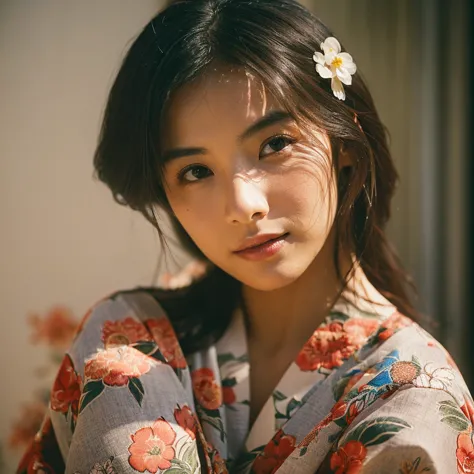 a hyper-realistic image of a single japanese woman in her early 20s, captured from the shoulders up with the nostalgic warmth an...