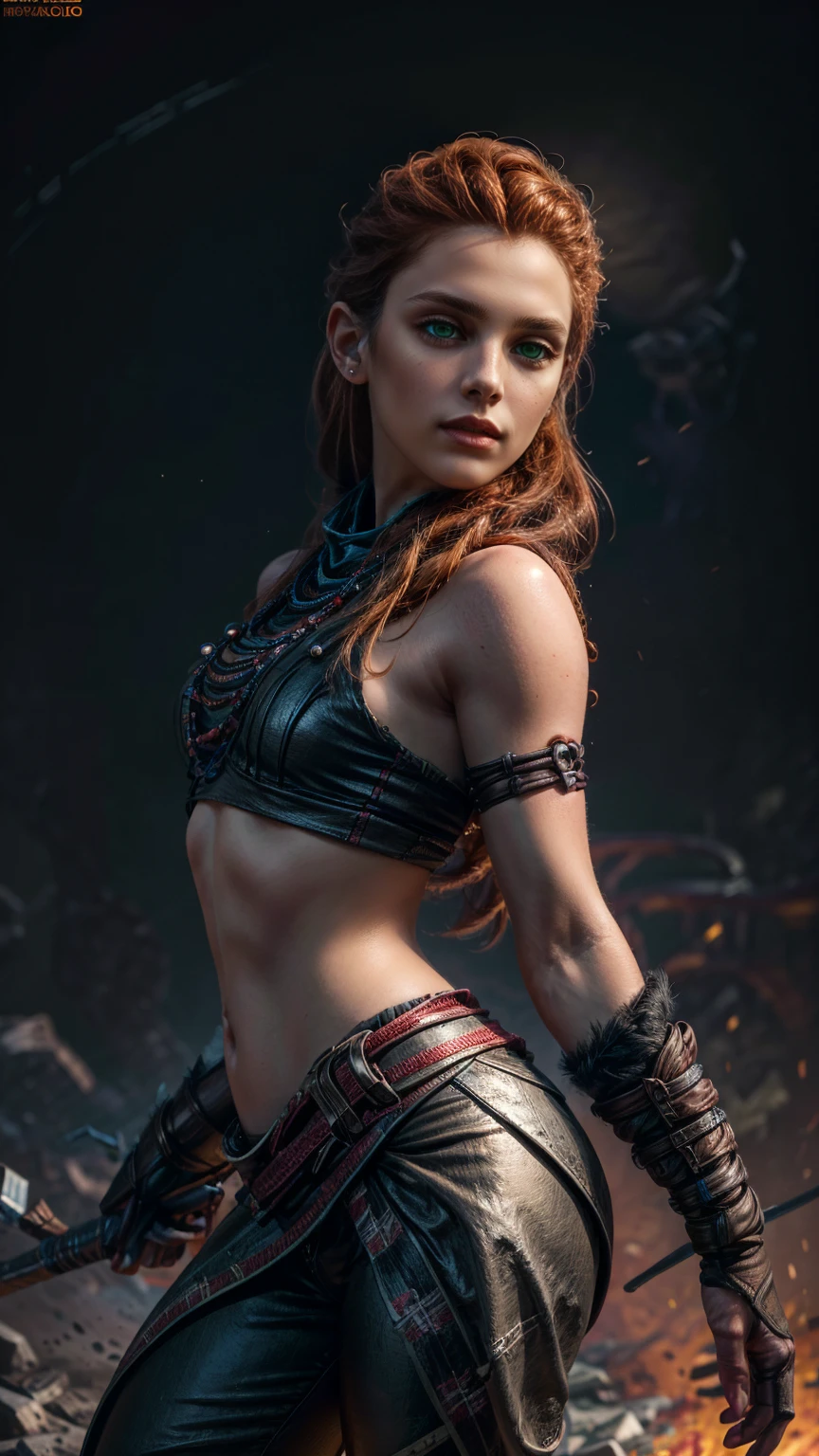 beautiful detailed eyes, beautiful detailed lips, extremely detailed eyes and face, long eyelashes, 1girl, cosplay, Kim Possible cosplays as Aloy from Horizon games, intricate detailed costume, high quality 3D render, cinematic lighting, photorealistic, hyper detailed, vibrant colors, warm lighting, dramatic pose, dynamic action, epic fantasy, (wide angle:1.32), (full length portrait:1.27), (small head) 