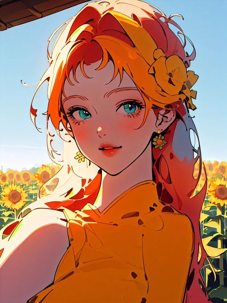 ((best quality)), ((masterpiece)), ((realistic cartoon)), ((perfect character)), ((extremely detailed 8k CG wallpaper)), Emerald-eyed girl, with flowing chestnut locks, adorned with a vibrant red headband, dressed in a resplendent yellow sundress, basking in the warm glow of a summer afternoon, surrounded by blooming sunflowers and lush greenery. Her smile captivates with genuine happiness, while the clear blue sky and gentle breeze add to the scenic masterpiece, an 8k ultra HD landscape capturing this amazing scenery.