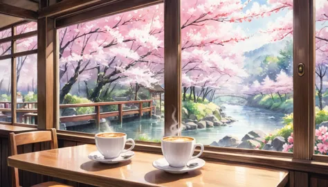 in a coffee shop, outside you can see a cherry blossom forest, a river, a ghibli watercolor painting, a close-up of a cup of cof...