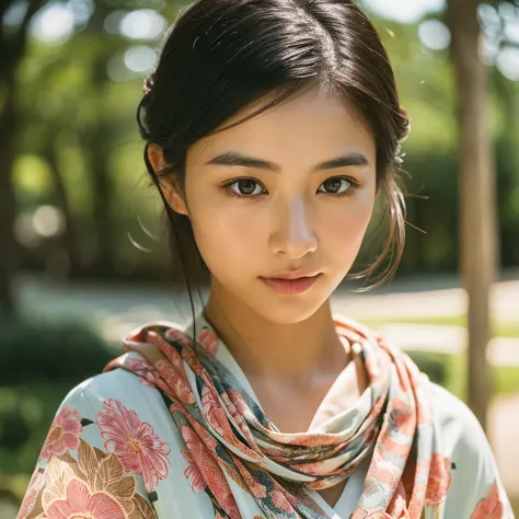 a hyper-realistic image of a single japanese woman in her early 20s, captured from the shoulders up with the nostalgic warmth an...