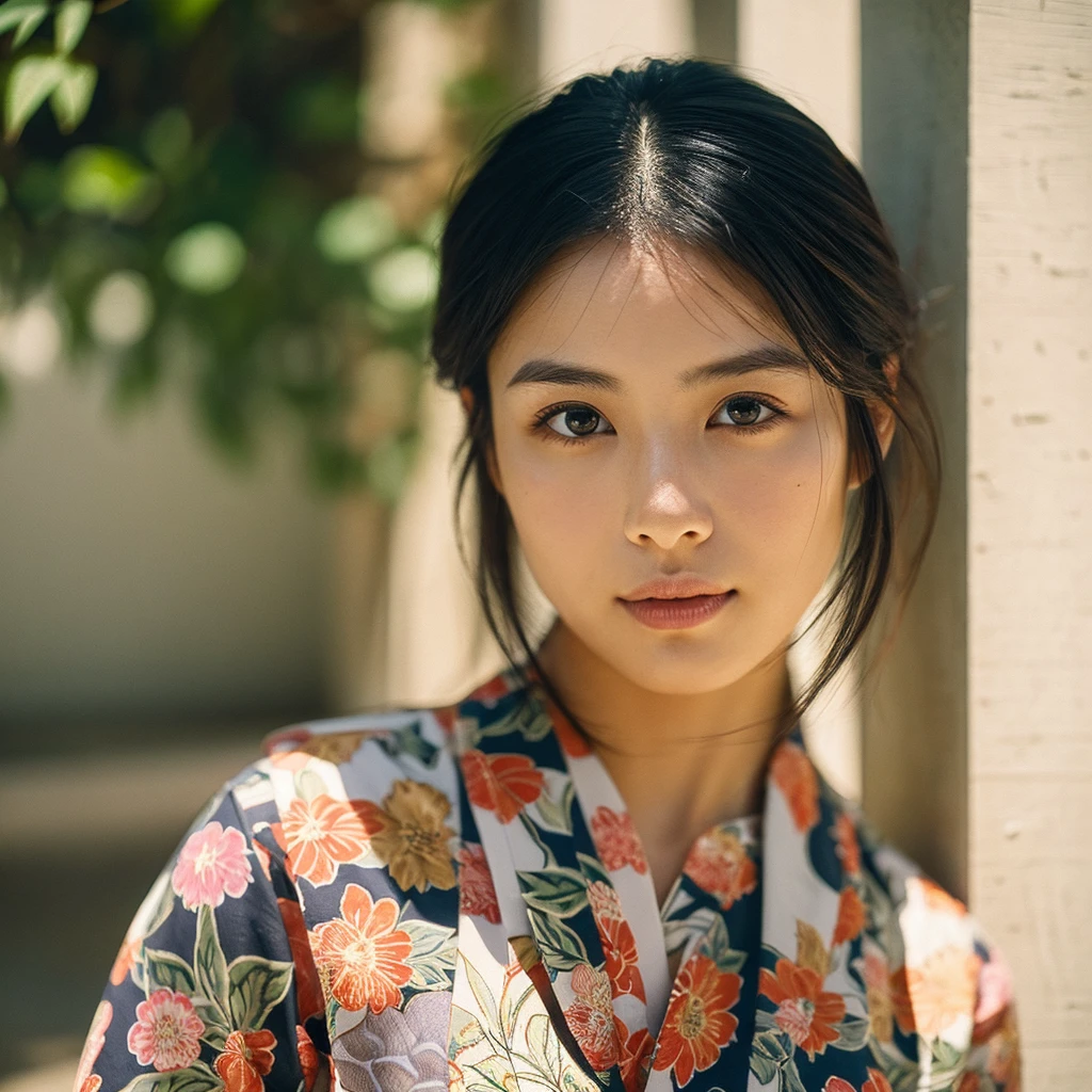 A hyper-realistic image of a single Japanese woman in her early 20s, captured from the shoulders up with the nostalgic warmth and subtle graininess of a film camera. She is wearing a traditional yukata with a vibrant, cute design featuring bold and colorful floral patterns such as cherry blossoms and peonies in shades of pink, red, and lavender, set against a soft pastel background. The obi is elegantly tied with a complementary color, adding a playful touch. The fabric of the yukata appears naturally lightweight, with visible folds and textures that enhance its realism, draping gracefully over her shoulders. Her skin, seen clearly from the shoulders up, has a warm beige tone with a highly realistic, slightly rough texture, showcasing visible pores, fine lines, and minor blemishes, along with subtle unevenness, such as delicate dryness around the cheeks and small natural shadows under the eyes. The lighting is soft and subdued, replicating the gentle, diffused natural light of an overcast day or early evening, creating realistic shadows across her face. These shadows subtly contour her cheekbones, nose, and jawline, adding depth and dimension to her facial features, enhancing the lifelike quality of her skin texture. Her straight, glossy black hair frames her face naturally, slightly tousled, adding to the authenticity of her look. Her deep brown eyes reflect the ambient light, providing depth and a natural, lifelike shine. The film camera effect introduces a noticeable grain and a soft focus, giving the image a warm, nostalgic atmosphere while maintaining the raw, lifelike quality of her skin. The composition is centered solely on her, capturing her serene and understated elegance, focusing closely on the detailed textures of the yukata and the authentic, natural skin texture, with dynamic lighting and shadow play that mimics a real-life photograph.