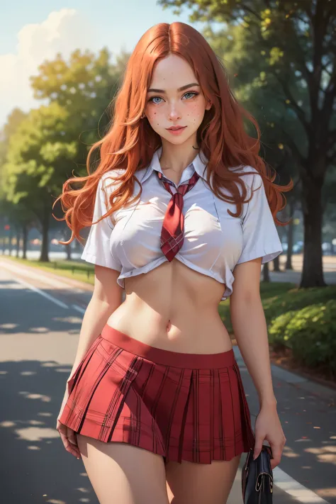 a one woman, long straight red hair, of the whole glass, perfectbody, muslos grandes, blue colored eyes, (sexy catholic school u...