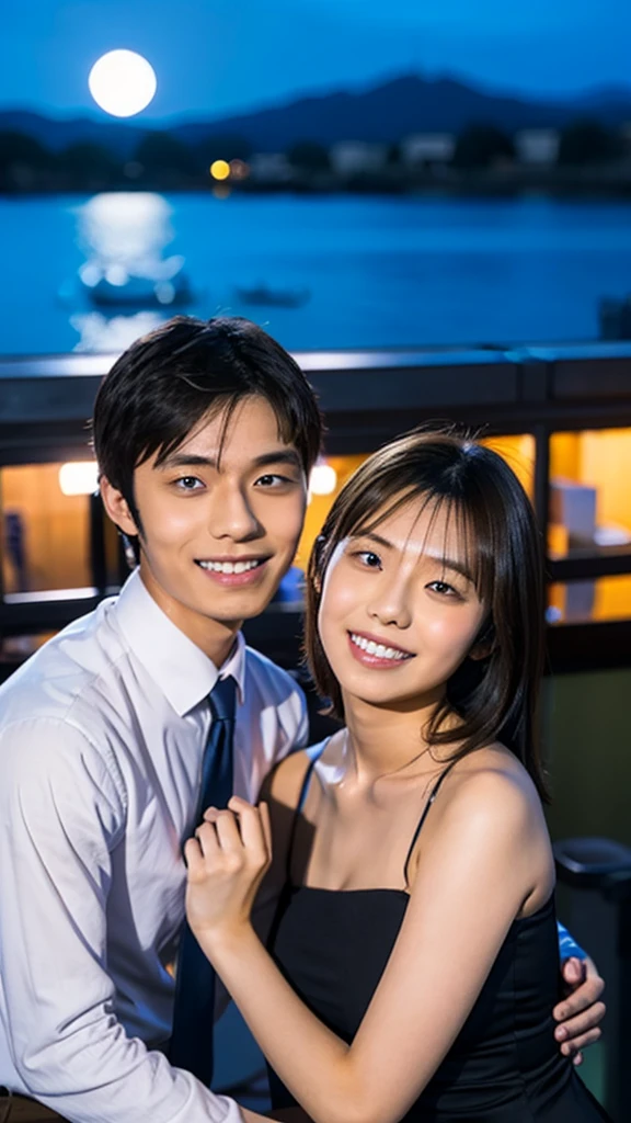 Smiling Hina Kikuchi、Taking a photo with a boy with a center part, office, Night view