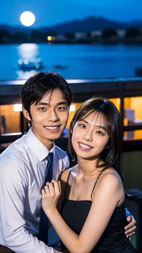 smiling hina kikuchi、taking a photo with a boy with a center part, office, night view