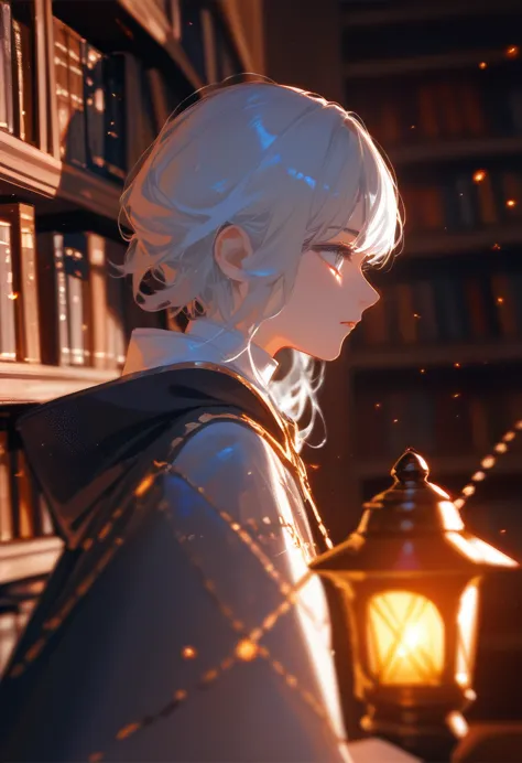 1 girl，gray straight hair，gray eyes，bangs，black long cape，（（wearing a hood）），night，library，bookshelf，holding orange warm lantern...