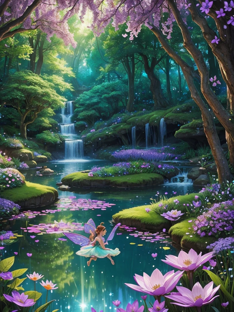 Enchanted Vibes, Step into a magical forest with pond, color purple, flowers, animals, a charming brunett fairy queen, radiating elegance and enchantment with animals. This captivating scene feels straight out of a dream, filled with sparkling wings and lush greenery creating a world where fantasy comes to life.