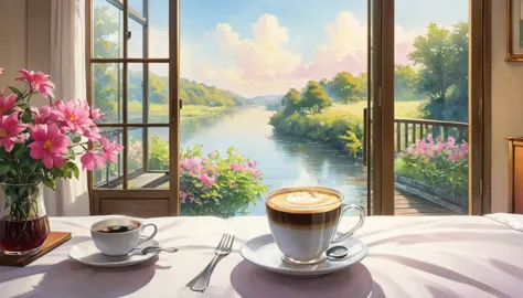 in the bedroom, outside you can see nature, river, water color painting, ghibli, zoom in on a cup of coffee, no people, there ar...