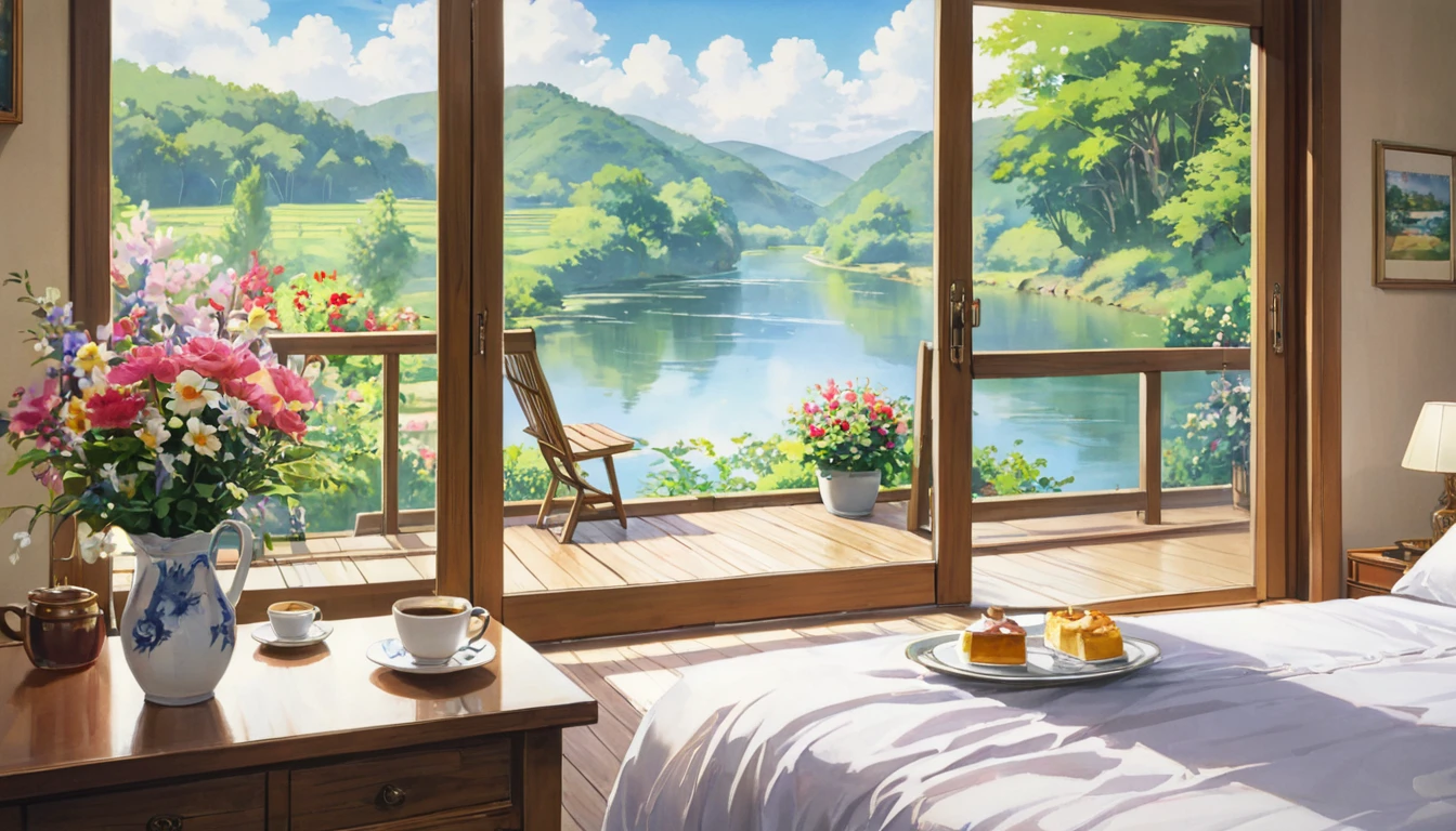 In the bedroom, outside you can see nature, river, water color painting, Ghibli, zoom in on a cup of coffee, no people, there are flowers in the room, there is a large glass door.