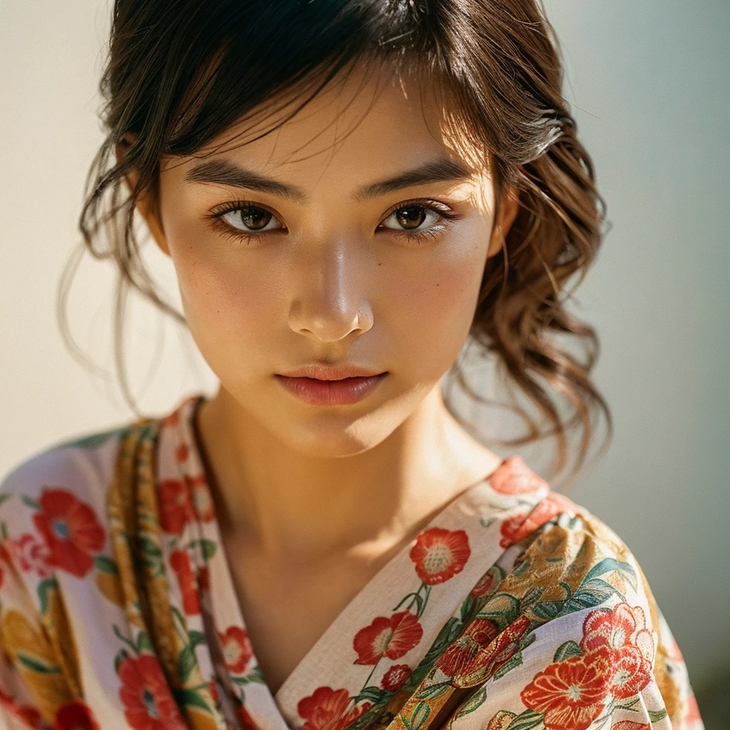 A hyper-realistic image of a single Japanese woman in her early 20s, captured from the shoulders up with the nostalgic warmth and subtle graininess of a film camera. She is wearing a traditional yukata with a vibrant, cute design featuring bold and colorful floral patterns such as cherry blossoms and peonies in shades of pink, red, and lavender, set against a soft pastel background. The obi is elegantly tied with a complementary color, adding a playful touch. The fabric of the yukata appears naturally lightweight, with visible folds and textures that enhance its realism, draping gracefully over her shoulders. Her skin, seen clearly from the shoulders up, has a warm beige tone with a highly realistic, slightly rough texture, showcasing visible pores, fine lines, and minor blemishes, along with subtle unevenness, such as delicate dryness around the cheeks and small natural shadows under the eyes. The lighting is soft and subdued, replicating the gentle, diffused natural light of an overcast day or early evening, creating realistic shadows across her face. These shadows subtly contour her cheekbones, nose, and jawline, adding depth and dimension to her facial features, enhancing the lifelike quality of her skin texture. Her straight, glossy black hair frames her face naturally, slightly tousled, adding to the authenticity of her look. Her deep brown eyes reflect the ambient light, providing depth and a natural, lifelike shine. The film camera effect introduces a noticeable grain and a soft focus, giving the image a warm, nostalgic atmosphere while maintaining the raw, lifelike quality of her skin. The composition is centered solely on her, capturing her serene and understated elegance, focusing closely on the detailed textures of the yukata and the authentic, natural skin texture, with dynamic lighting and shadow play that mimics a real-life photograph.