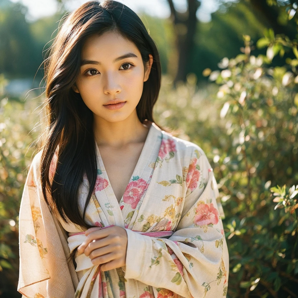 A hyper-realistic image of a single Japanese woman in her early 20s, captured from the shoulders up with the nostalgic warmth and subtle graininess of a film camera. She is wearing a traditional yukata with a vibrant, cute design featuring bold and colorful floral patterns such as cherry blossoms and peonies in shades of pink, red, and lavender, set against a soft pastel background. The obi is elegantly tied with a complementary color, adding a playful touch. The fabric of the yukata appears naturally lightweight, with visible folds and textures that enhance its realism, draping gracefully over her shoulders. Her skin, seen clearly from the shoulders up, has a warm beige tone with a highly realistic, slightly rough texture, showcasing visible pores, fine lines, and minor blemishes, along with subtle unevenness, such as delicate dryness around the cheeks and small natural shadows under the eyes. The lighting is soft and subdued, replicating the gentle, diffused natural light of an overcast day or early evening, creating realistic shadows across her face. These shadows subtly contour her cheekbones, nose, and jawline, adding depth and dimension to her facial features, enhancing the lifelike quality of her skin texture. Her straight, glossy black hair frames her face naturally, slightly tousled, adding to the authenticity of her look. Her deep brown eyes reflect the ambient light, providing depth and a natural, lifelike shine. The film camera effect introduces a noticeable grain and a soft focus, giving the image a warm, nostalgic atmosphere while maintaining the raw, lifelike quality of her skin. The composition is centered solely on her, capturing her serene and understated elegance, focusing closely on the detailed textures of the yukata and the authentic, natural skin texture, with dynamic lighting and shadow play that mimics a real-life photograph.