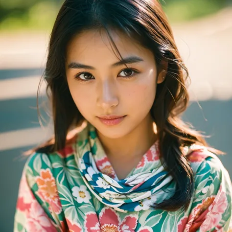 a hyper-realistic image of a single japanese woman in her early 20s, captured from the shoulders up with the nostalgic warmth an...