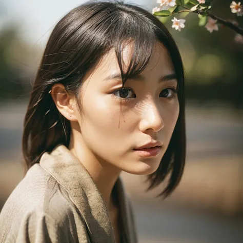 a hyper-realistic image of a single japanese woman in her early 20s, captured from the shoulders up with the nostalgic warmth an...