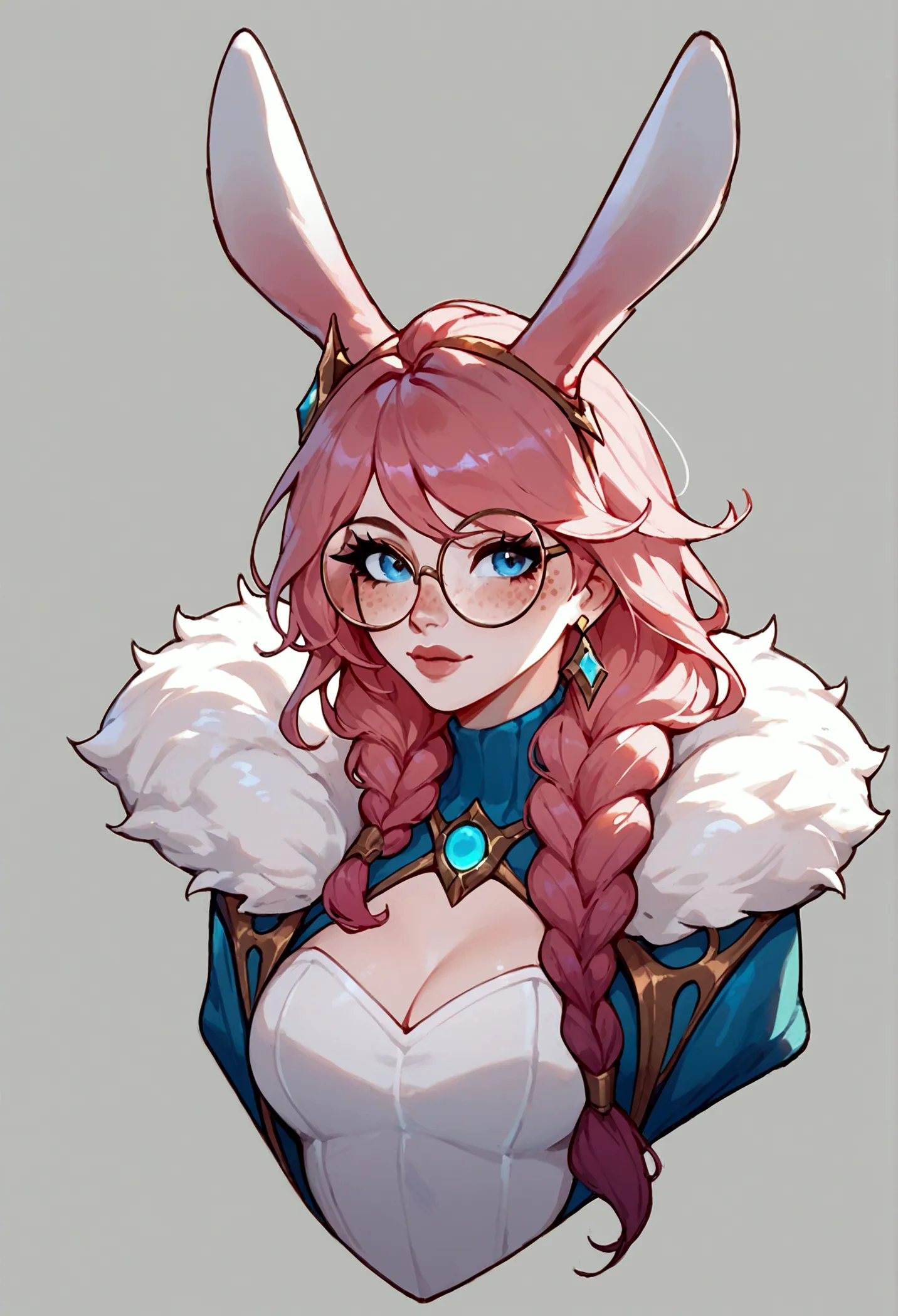 score_9, score_8_up, score_7_up, aurora (league of legends), 1girl, blue eyes, bunny ears, freckles, bangs, braid, sexy, sensual...