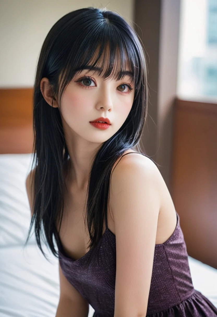 a girl，cute and pretty face，Long straight black hair，Long bangs covering eyes，long eyelashes，(Fine eyes)，small eyes，(half-closed eyes)，(Dark lipstick)，(Dark eyeshadow)，Slim body，perfect breasts，Slender limbs，spaghetti strap dress，Inside a hotel room，night，clean focus，shallow Depth of Field，Ultra-detailed faces，very beautiful face，Extremely high texture skin，Look to viewer，beautiful legs，seductive，femainine pose，(realistic ，realistic-photo，RAW photo，8K original)，lens flare，film grain，artistic photography，UHD，highres，masterpiece，retina，