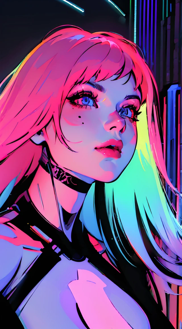 (best quality,4k,8k,highres,masterpiece:1.2), ultra-detailed, (realistic,photorealistic,photo-realistic:1.37), portraits, devil red eyes, gorgeous woman, cyberpunk background, futuristic, neon lights, smoky atmosphere, reflective surfaces, glowing tattoos, metallic elements, extravagant hairstyle, provocative fashion, seductive gaze, vibrant colors, dynamic pose, cityscape, urban chaos, technologically advanced, augmented reality, holographic projections, dystopian ambiance, skyscrapers, flying vehicles, rain-soaked streets, dark alleyways, bustling crowds, energetic and vibrant, mysterious aura, topless, pink puffy nipples, naked chest, gigantic tits, naked tits, neon red hair, head and chest view, arms up,