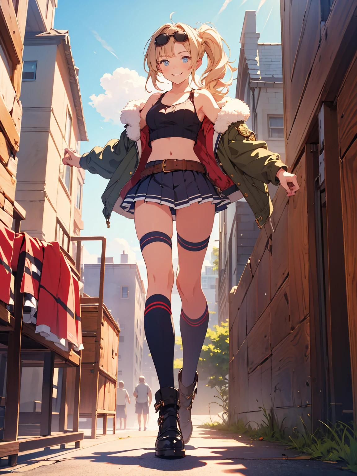 ( masterpiece), best quality, expressive eyes, perfect face, highres, moody angle, medium breast, full body, solo, Buoyant Smile, 1girl, zetadark, twintails, sunglasses, eyewear on head, fur trim, jacket, crop top, pleated skirt, thighhighs, belt, midriff, background, fantasy, middle ages, outdoor, market, walking, Airship in background, portrait, 