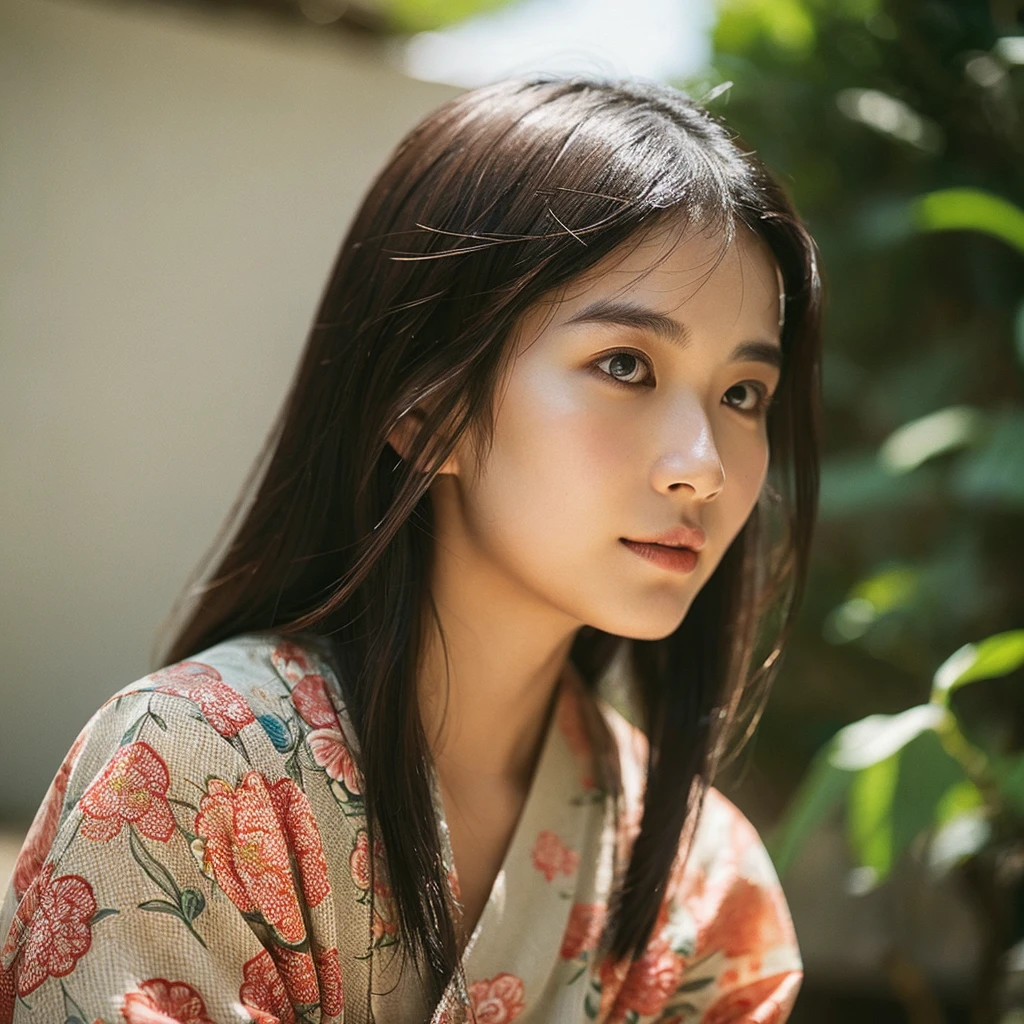 A hyper-realistic image of a single Japanese woman in her early 20s, captured from the shoulders up with the nostalgic warmth and subtle graininess of a film camera. She is wearing a traditional yukata with a vibrant, cute design featuring bold and colorful floral patterns such as cherry blossoms and peonies in shades of pink, red, and lavender, set against a soft pastel background. The obi is elegantly tied with a complementary color, adding a playful touch. The fabric of the yukata appears naturally lightweight, with visible folds and textures that enhance its realism, draping gracefully over her shoulders. Her skin, seen clearly from the shoulders up, has a warm beige tone with a highly realistic, slightly rough texture, showcasing visible pores, fine lines, and minor blemishes, along with subtle unevenness, such as delicate dryness around the cheeks and small natural shadows under the eyes. The lighting is soft and subdued, replicating the gentle, diffused natural light of an overcast day or early evening, creating realistic shadows across her face. These shadows subtly contour her cheekbones, nose, and jawline, adding depth and dimension to her facial features, enhancing the lifelike quality of her skin texture. Her straight, glossy black hair frames her face naturally, slightly tousled, adding to the authenticity of her look. Her deep brown eyes reflect the ambient light, providing depth and a natural, lifelike shine. The film camera effect introduces a noticeable grain and a soft focus, giving the image a warm, nostalgic atmosphere while maintaining the raw, lifelike quality of her skin. The composition is centered solely on her, capturing her serene and understated elegance, focusing closely on the detailed textures of the yukata and the authentic, natural skin texture, with dynamic lighting and shadow play that mimics a real-life photograph.