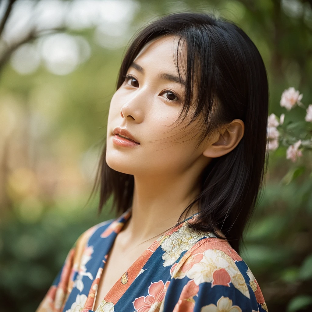 A hyper-realistic image of a single Japanese woman in her early 20s, captured from the shoulders up with the nostalgic warmth and subtle graininess of a film camera. She is wearing a traditional yukata with a vibrant, cute design featuring bold and colorful floral patterns such as cherry blossoms and peonies in shades of pink, red, and lavender, set against a soft pastel background. The obi is elegantly tied with a complementary color, adding a playful touch. The fabric of the yukata appears naturally lightweight, with visible folds and textures that enhance its realism, draping gracefully over her shoulders. Her skin, seen clearly from the shoulders up, has a warm beige tone with a highly realistic, slightly rough texture, showcasing visible pores, fine lines, and minor blemishes, along with subtle unevenness, such as delicate dryness around the cheeks and small natural shadows under the eyes. The lighting is soft and subdued, replicating the gentle, diffused natural light of an overcast day or early evening, creating realistic shadows across her face. These shadows subtly contour her cheekbones, nose, and jawline, adding depth and dimension to her facial features, enhancing the lifelike quality of her skin texture. Her straight, glossy black hair frames her face naturally, slightly tousled, adding to the authenticity of her look. Her deep brown eyes reflect the ambient light, providing depth and a natural, lifelike shine. The film camera effect introduces a noticeable grain and a soft focus, giving the image a warm, nostalgic atmosphere while maintaining the raw, lifelike quality of her skin. The composition is centered solely on her, capturing her serene and understated elegance, focusing closely on the detailed textures of the yukata and the authentic, natural skin texture, with dynamic lighting and shadow play that mimics a real-life photograph.