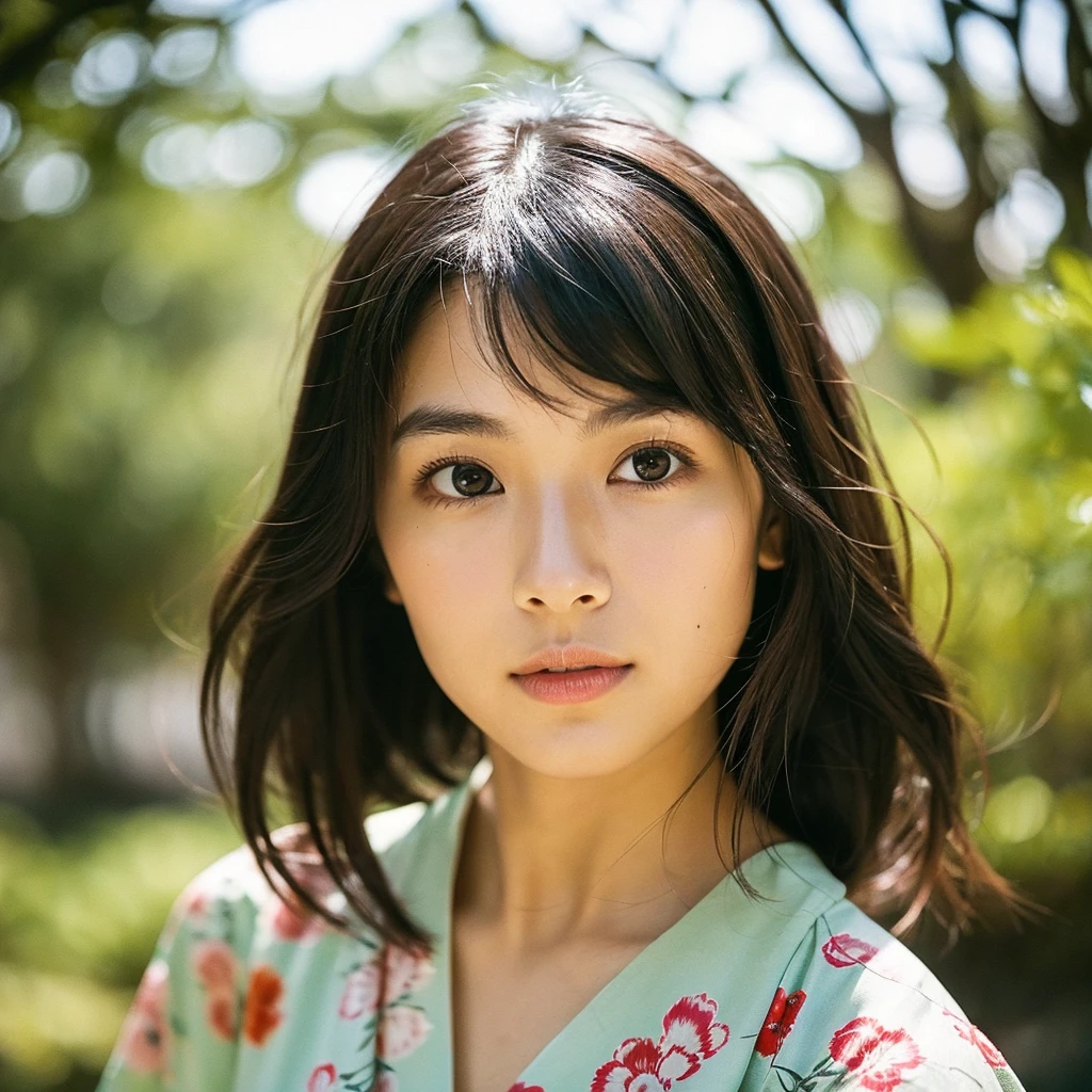 A hyper-realistic image of a single Japanese woman in her early 20s, captured from the shoulders up with the nostalgic warmth and subtle graininess of a film camera. She is wearing a traditional yukata with a vibrant, cute design featuring bold and colorful floral patterns such as cherry blossoms and peonies in shades of pink, red, and lavender, set against a soft pastel background. The obi is elegantly tied with a complementary color, adding a playful touch. The fabric of the yukata appears naturally lightweight, with visible folds and textures that enhance its realism, draping gracefully over her shoulders. Her skin, seen clearly from the shoulders up, has a warm beige tone with a highly realistic, slightly rough texture, showcasing visible pores, fine lines, and minor blemishes, along with subtle unevenness, such as delicate dryness around the cheeks and small natural shadows under the eyes. The lighting is soft and subdued, replicating the gentle, diffused natural light of an overcast day or early evening, creating realistic shadows across her face. These shadows subtly contour her cheekbones, nose, and jawline, adding depth and dimension to her facial features, enhancing the lifelike quality of her skin texture. Her straight, glossy black hair frames her face naturally, slightly tousled, adding to the authenticity of her look. Her deep brown eyes reflect the ambient light, providing depth and a natural, lifelike shine. The film camera effect introduces a noticeable grain and a soft focus, giving the image a warm, nostalgic atmosphere while maintaining the raw, lifelike quality of her skin. The composition is centered solely on her, capturing her serene and understated elegance, focusing closely on the detailed textures of the yukata and the authentic, natural skin texture, with dynamic lighting and shadow play that mimics a real-life photograph.