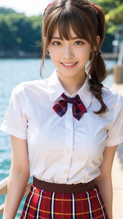 超Realistic high school girl,Realistic high school girl,Brown twin tail hair,Sailor suit,White shirt,Tartan Check Skirt,A bow tie,Ribbon in hair,Big eyes,Slightly drooping,Fair skin,Thin face,Beautiful Skin,Downward,Very stylish,There is wind,The sun is dazzling,Playing in the sea,1６Year,nice smile,teeth,