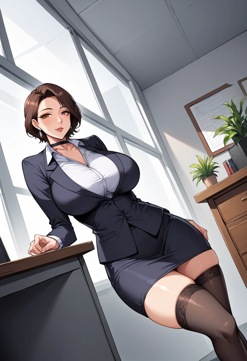 (At SFW), Woman in office, white wall, gray table, plant, window, Masterpiece of sexy pose))), ((highest quality)), ((Complex)), ((surreal)), stupid reply, mature woman, mature woman, perspective, very detailed, shape, 1 girl, ((big breasts)), perfect hands, finger details, fine and beautiful eyes, short hair, brown eyes, chief executive officer（chief executive officer（CEO, (business suit:1.2), open office shirt, Tight Skirt, black choker, earrings, stockings, detailed background, Bedroom, perfect eyes, enchanting eyes, looking at the viewer, open your legs, put your hand inside your pants, Masturbate by inserting your finger into your vagina ((woman&#39;s expression, Closed eyes and panting face, A face that makes a sad sound, ecstatic face, Face on the verge of climax)), from below