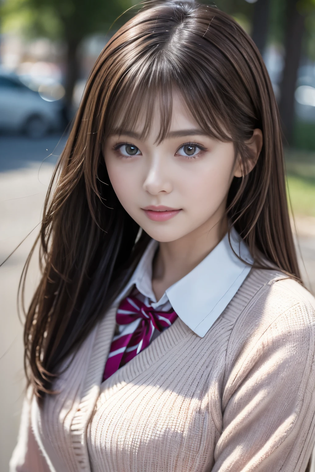 超High resolution, Highest quality, Realistic, masterpiece, detailed, High resolution,  8k, Raw photo:1.5, cute, 1 female, View your viewers, Hazel Eyes, 非常にdetailed, Brown Hair, Pink clothes, uniform, high school girl, Soft skin texture, Soft and sexy lips, Happy, whole body