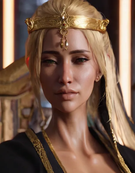 thicc mommy blonde queen marika of elden ring one sided hair covering one eye, with stripped black robes and gold hip chain ,bes...