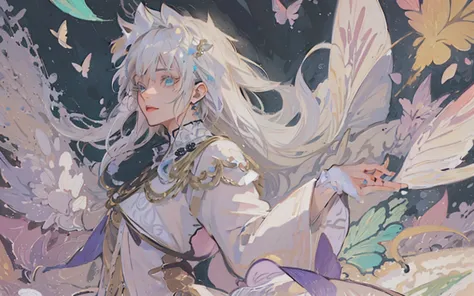 silver-haired boy,neutral,a lot of gems,accessories,light national costume,spread your wings,pastel colour,