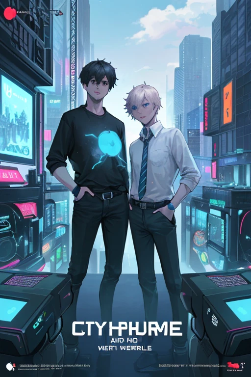 "Series Title: computer game, city and open world, two guys in a shirt", bots from the other world. Our hero is a man: 1.2), Perfect color combination., movie poster 