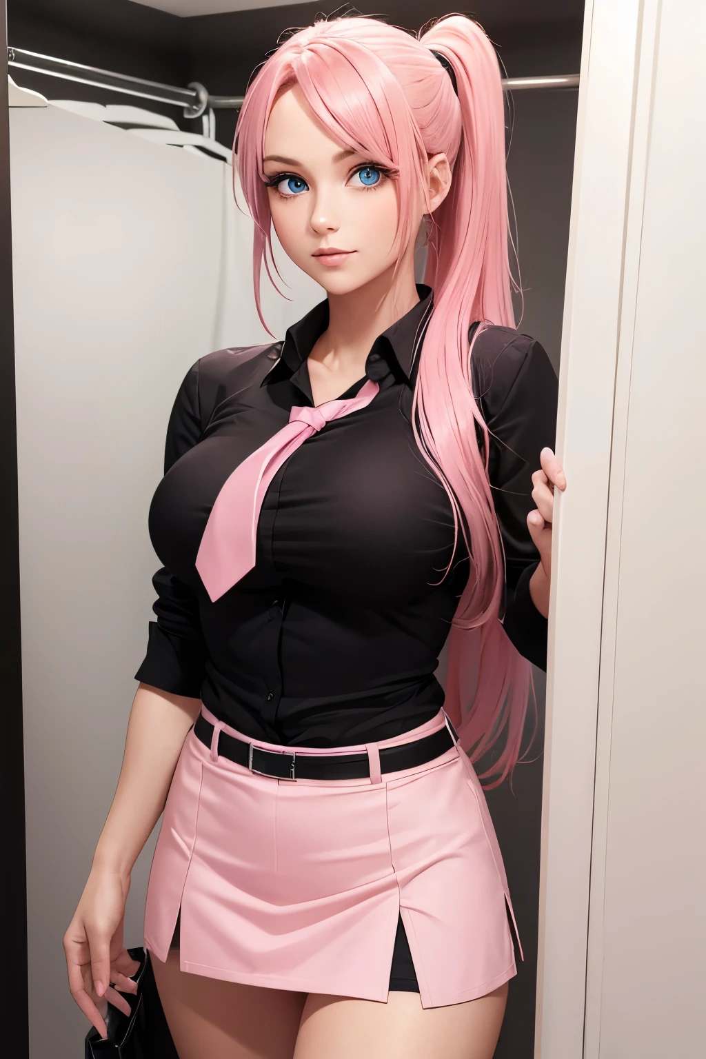 Woman, pink hair, long hair, ponytail, blue eyes, large breasts, pink miniskirt, black front-tie shirt, fitting room