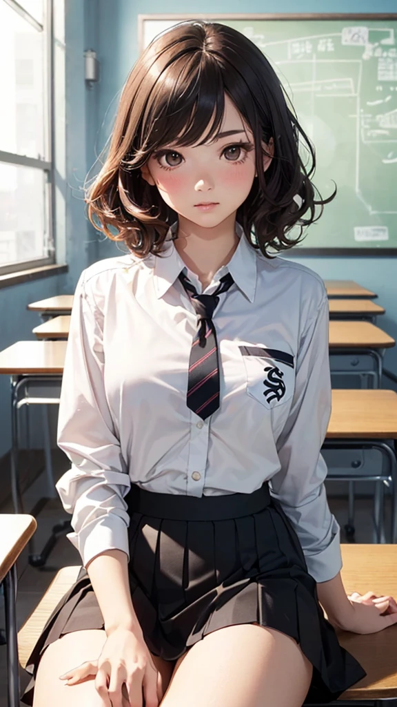 ((Tabletop, Highest quality, High resolution, Hmph, Pixel perfect, 4K, Hmph, Hmph))), One Girl, single, alone, Beauty、The whole body is visible、 ((Short Wavy Hair, bangs, Brown Hair)), ((Brown eyes, Beautiful eyelashes, Realistic eyes)), ((Detailed face, blush:1.2)), ((Smooth texture:0.75, Realistic texture:0.65, Realistic:1.1, Anime CG style)), Medium chest, Dynamic Angle, Perfect body, ((school uniform,  White shirt, Black Skirt, Unbuttoned shirt、Checked skirt、I'm not wearing shoes、White Sox)), An empty classroom、Sit at a desk、Lower&#39;I took my feet off the desk...................................、evening、、、Very embarrassing panic smile、(Lift up your skirt with your right hand、Spread your legs、Open your knees wide、Light blue and yellow floral lace panties)、、(Cute floral bra)、Angle from below