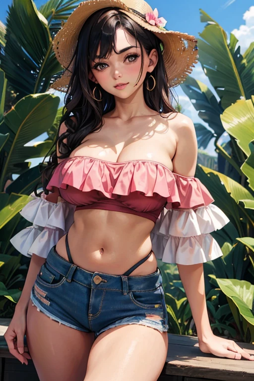 (best quality), (masterpiece), 1 girl, early 20's, huge heavy breasts, perky breasts, thick, thick lips, wide hips, thin waist, off-shoulder bikini, off-shoulder bikini, pink bikini, denim shorts, open jacket