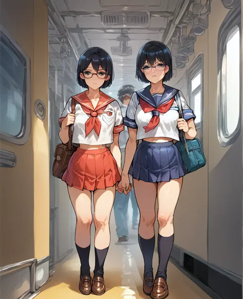 a high school girl gets molested on the train,(sailor suit,short skirt)full body shot,photographed from the front,short black ha...