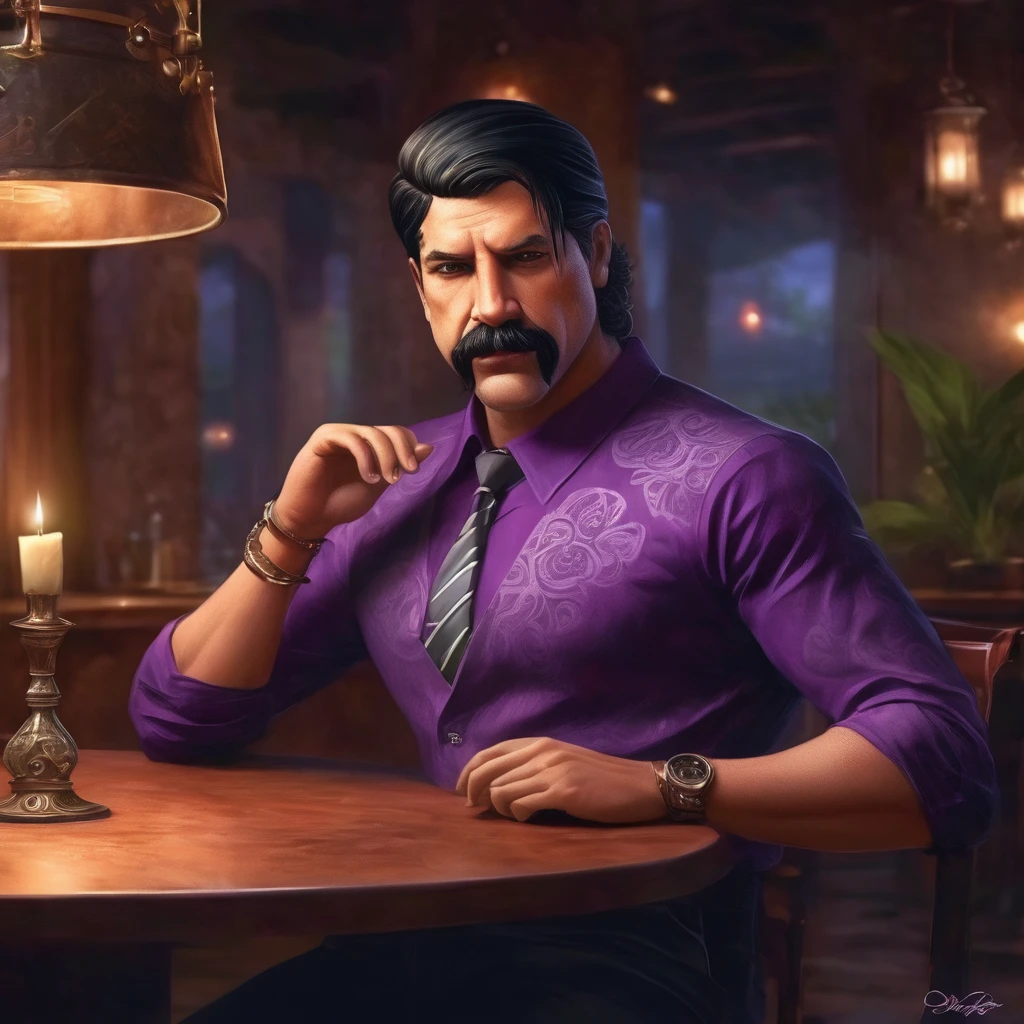 (obra maestra, Mejor calidad:1.2), 1 chico, thenahualli, serious, dangerous man, elegant, elegante, purple shirt, sit, having dinner, luxury restaurant, high class restaurant, indoor, Costa Rica, night, midnight, (((realistic, detailed, photorealistic)))