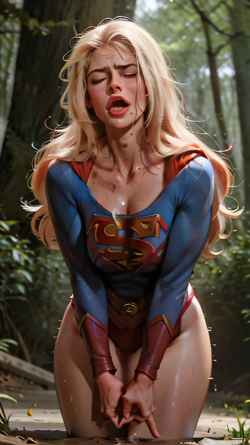 ((highest quality)), ((masterpiece)), (be familiar with), (High definition), (Realistic), (Realistic), (Best Shadow), Low contrast, (Complex:1.4), Side lighting, 8K, ((Helen Slator)), ((SUPER GIRL)), Perfect Face、Detailed、(Accurate hand and finger depiction)、Supergirl Women、brunette、Voluptuous body、(Large Breasts:1.1)、Narrow waist、Big Ass、Alluring、glamorous, ((standing split leg)), ((Holding his crotch with her hands)), ((pissing:1.4)), Mouth open、(Eyes closed)、Anguished expression、(orgasm:1.0)、Flushing、(sweating)、On the grass、in the deep forest、wood々Surrounded by、blue sky、Side view