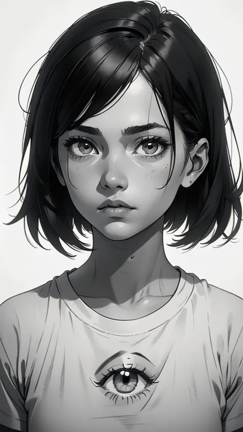 1 boyish girl, solo, sharp eyes, monochrome, greyscale, short black hair, portrait, white t-shirt, thin eyebrows, closed mouth, ...