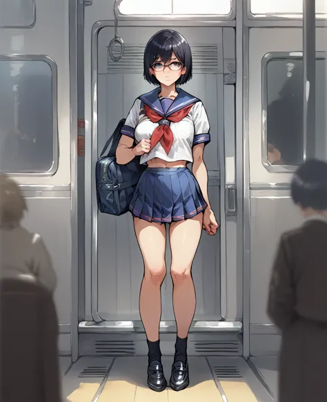 a high school girl gets molested on the train,(sailor suit,short skirt)full body shot,photographed from the front,short black ha...