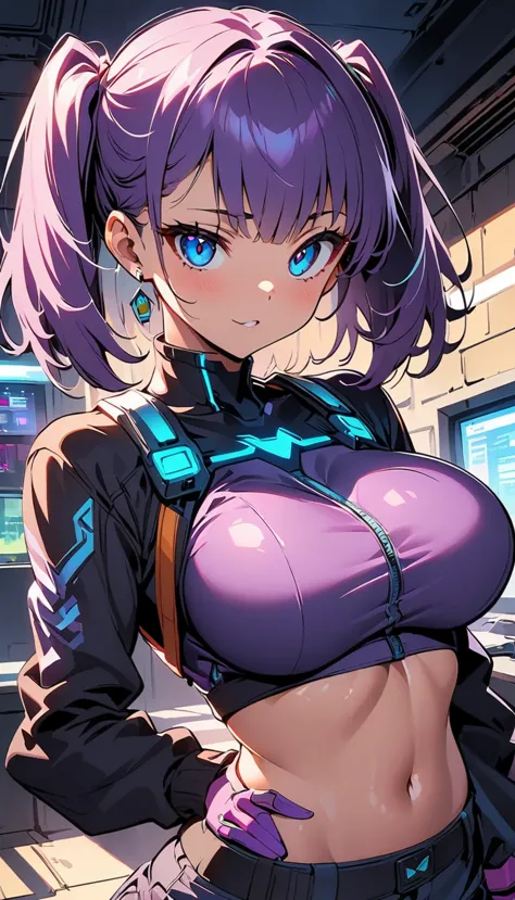 anime girl in a purple outfit holding a gun in a room, high angle chop, black whit and purple, sexy, oppai cyberpunk, cyberpunk ...